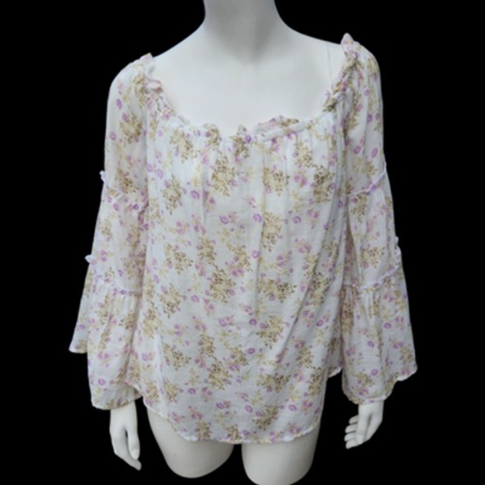 Rue 12 White Floral Print Off Shoulder Ruffle Bell Sleeve Blouse Top Women's M
